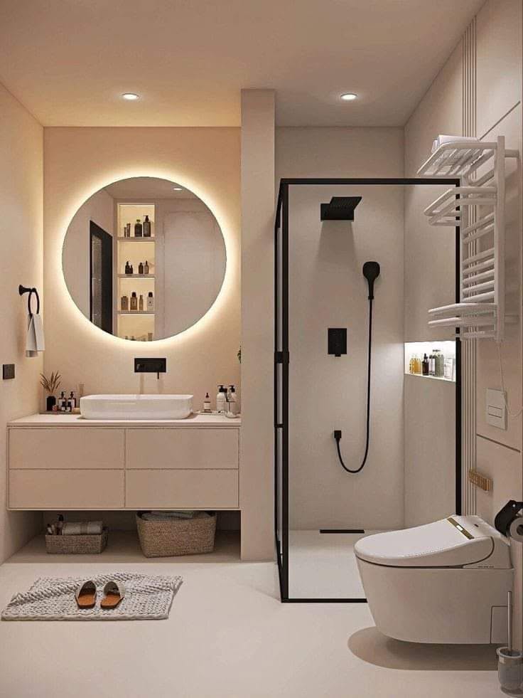 Modern Beige Bathroom with Glass Shower and Backlit Mirror