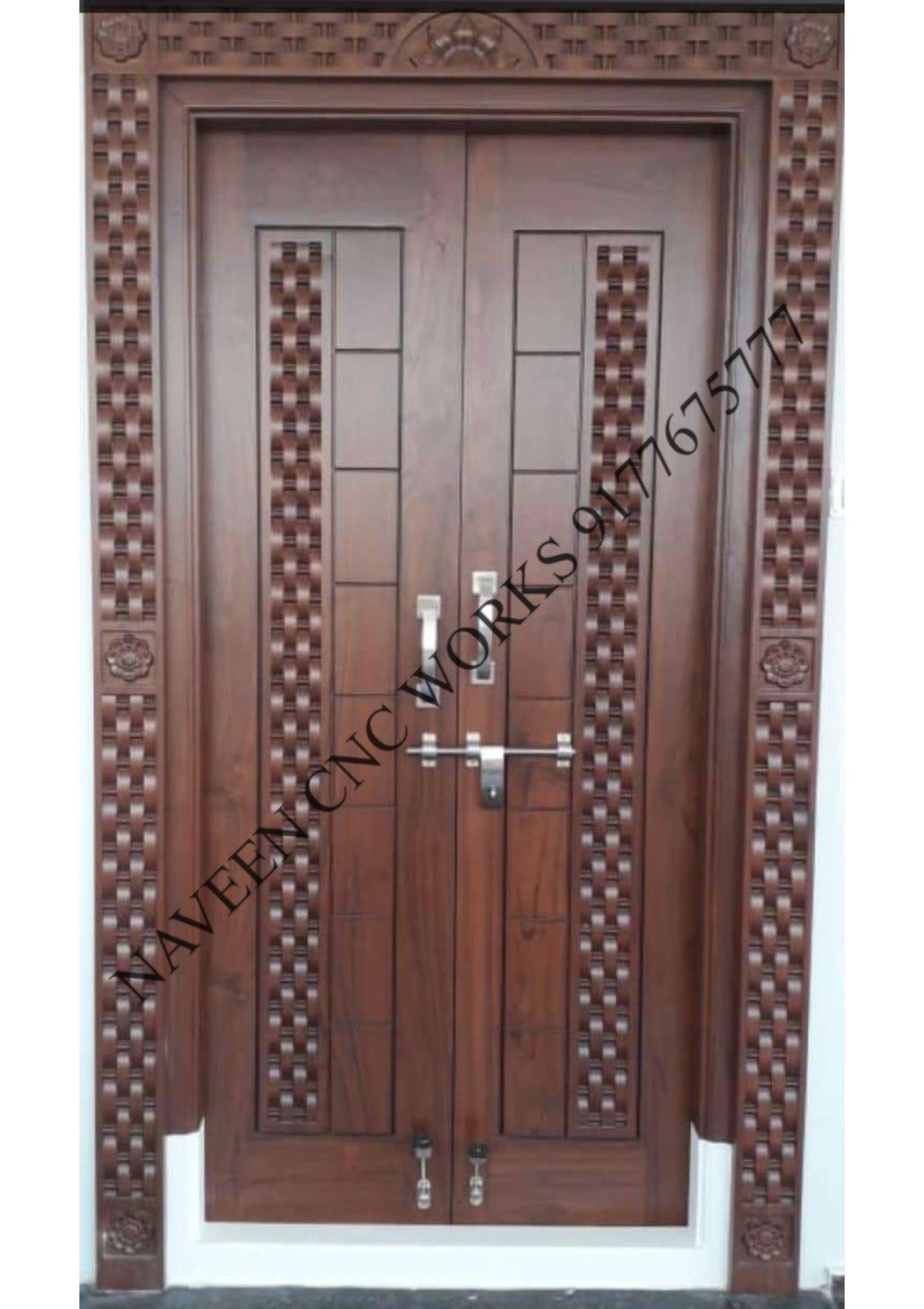 Ornate Wooden Double Entry Door with Geometric Carving