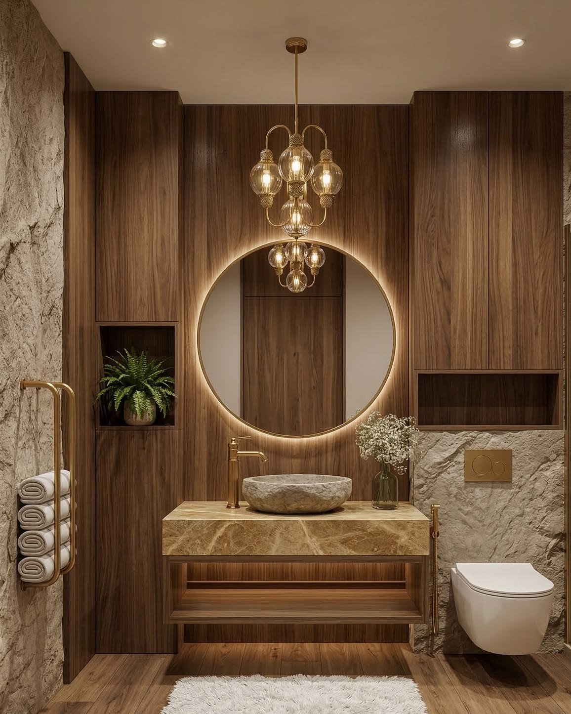 Contemporary Bathroom with Wood Paneling and Stone Accents