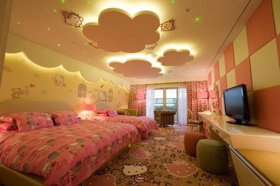 Whimsical Hello Kitty Themed Bedroom With Cloud Ceiling and Twin Beds