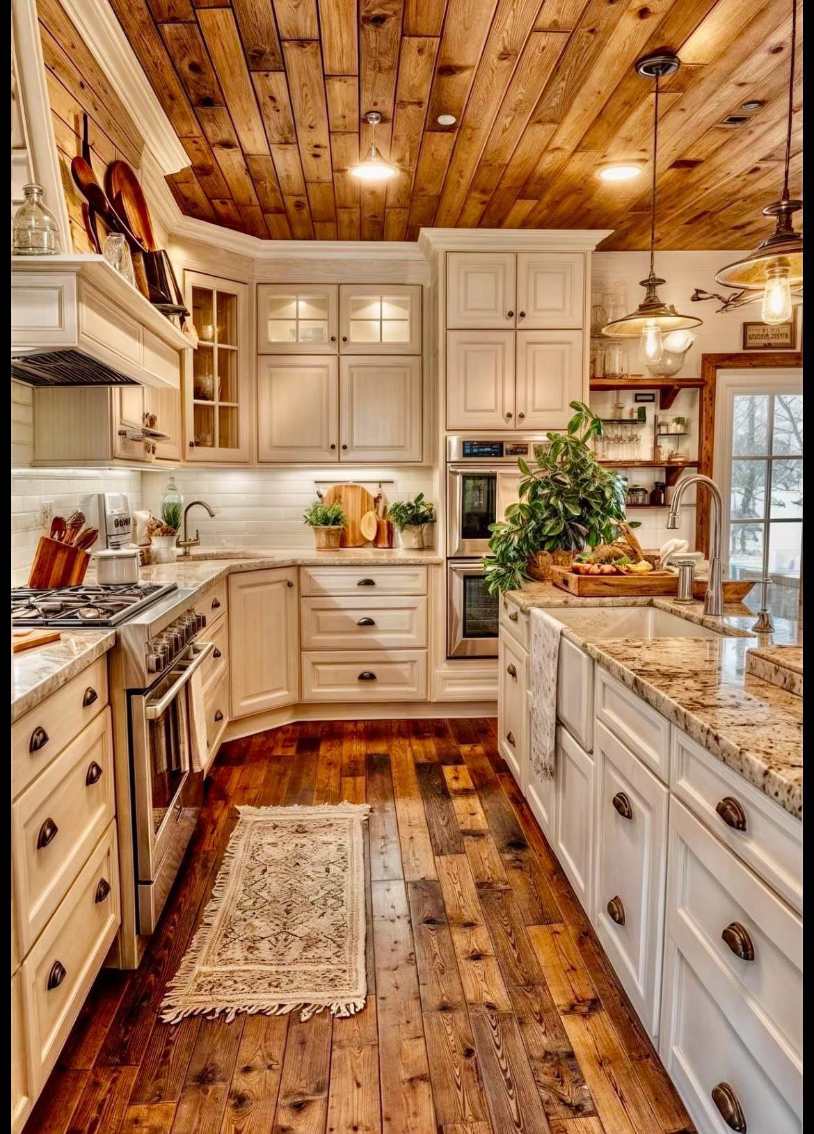 Warm Rustic Kitchen with Wood Ceiling and Cream Cabinets