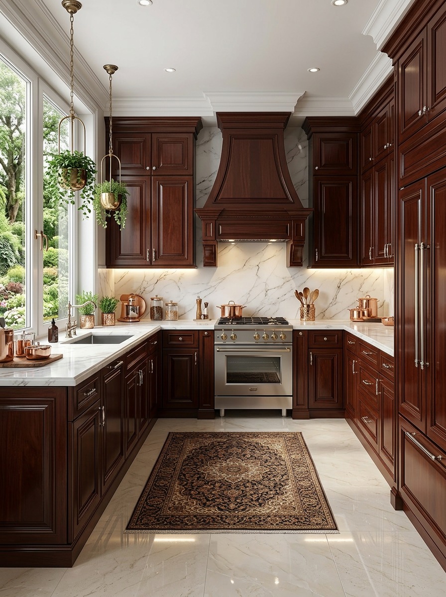 Traditional Kitchen with Rich Wood Cabinets and Marble Accents