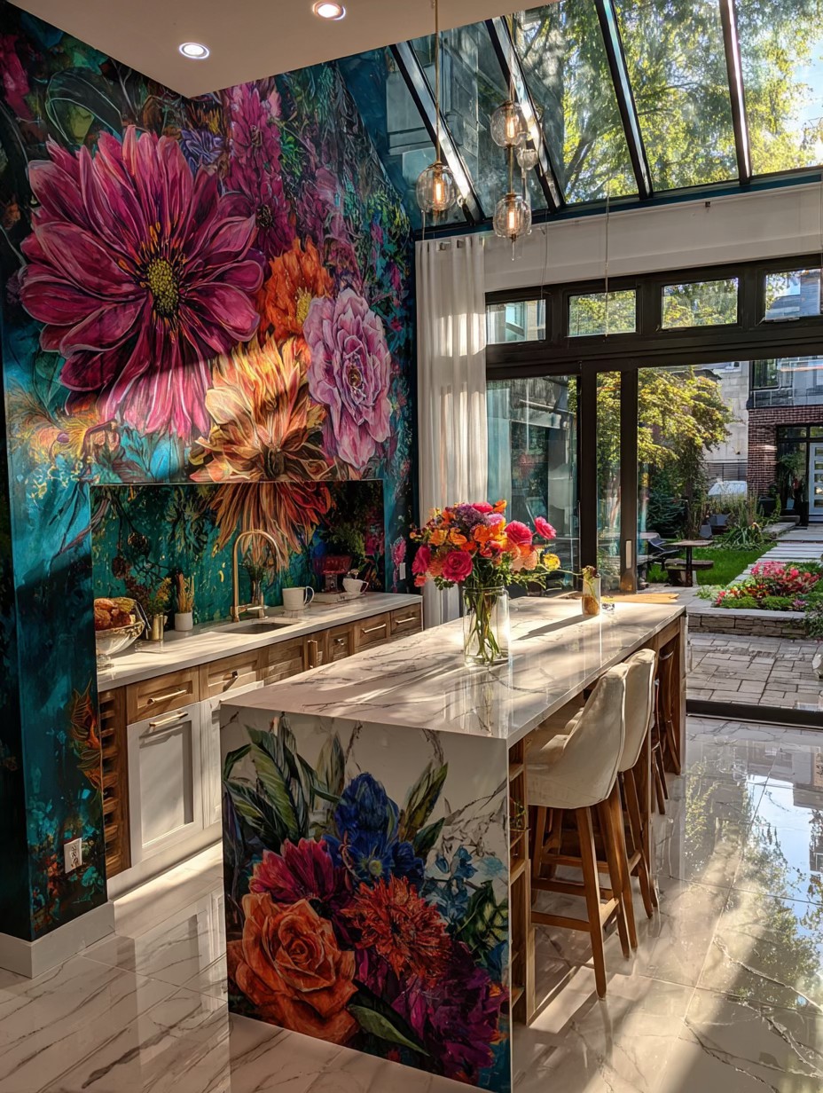 Vivid Floral Mural Kitchen with Glass Ceiling and Marble Island