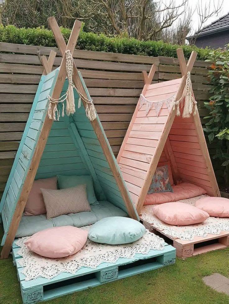 Whimsical Backyard Teepee Lounges with Pastel Pallet Bases