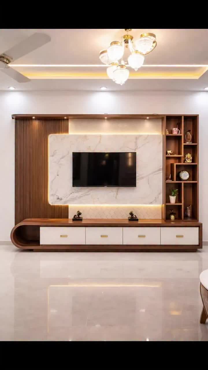 Contemporary Living Room TV Unit with Marble and Wood Accents