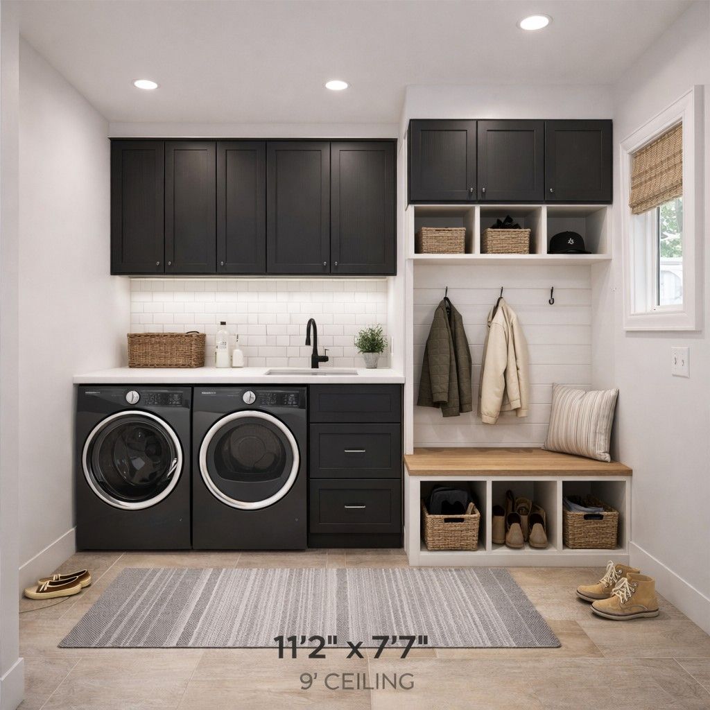 Modern Laundry and Mudroom Combo with Black Cabinets