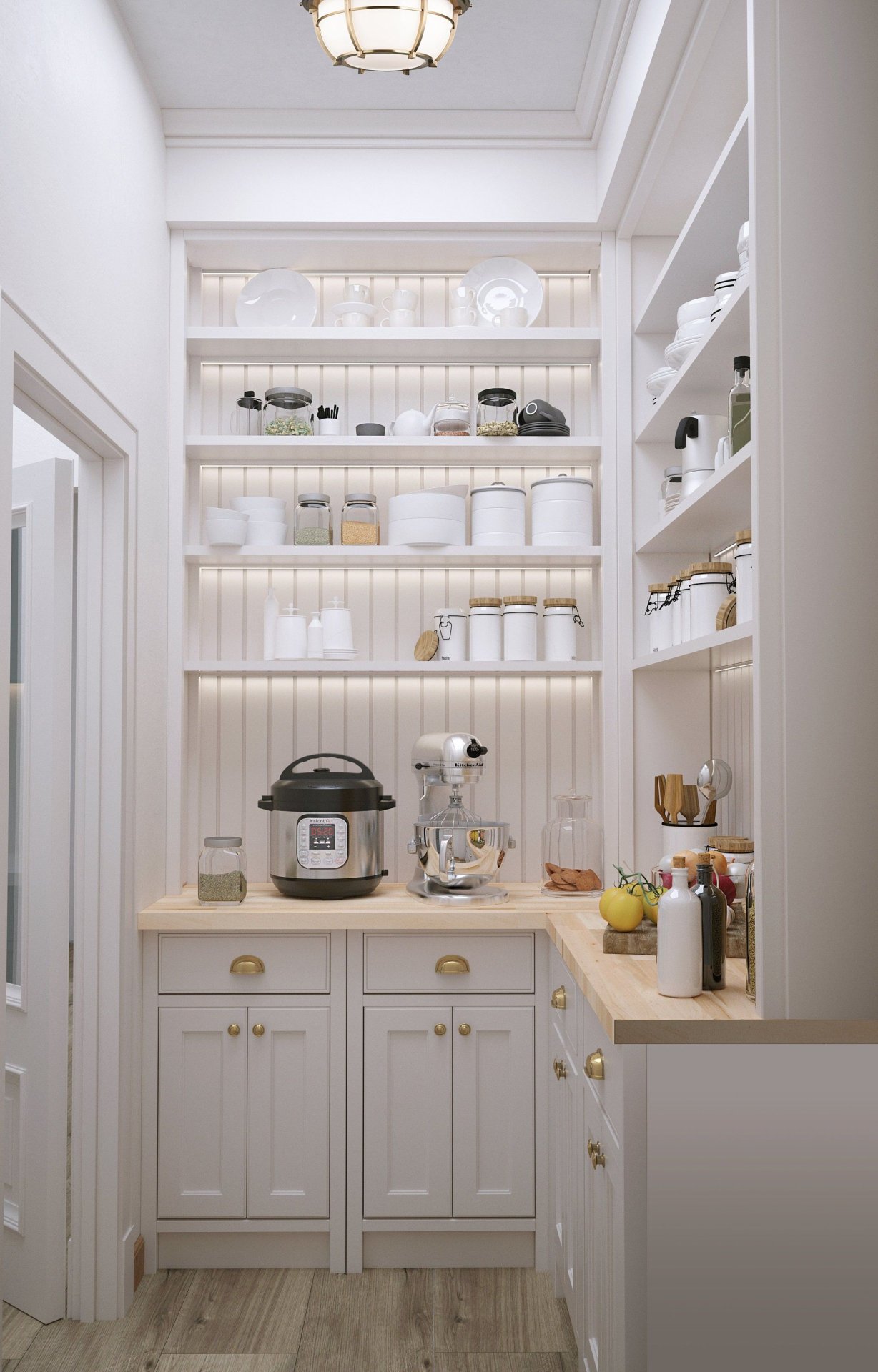 Elegant Traditional Pantry with Open Shelving and Soft Lighting