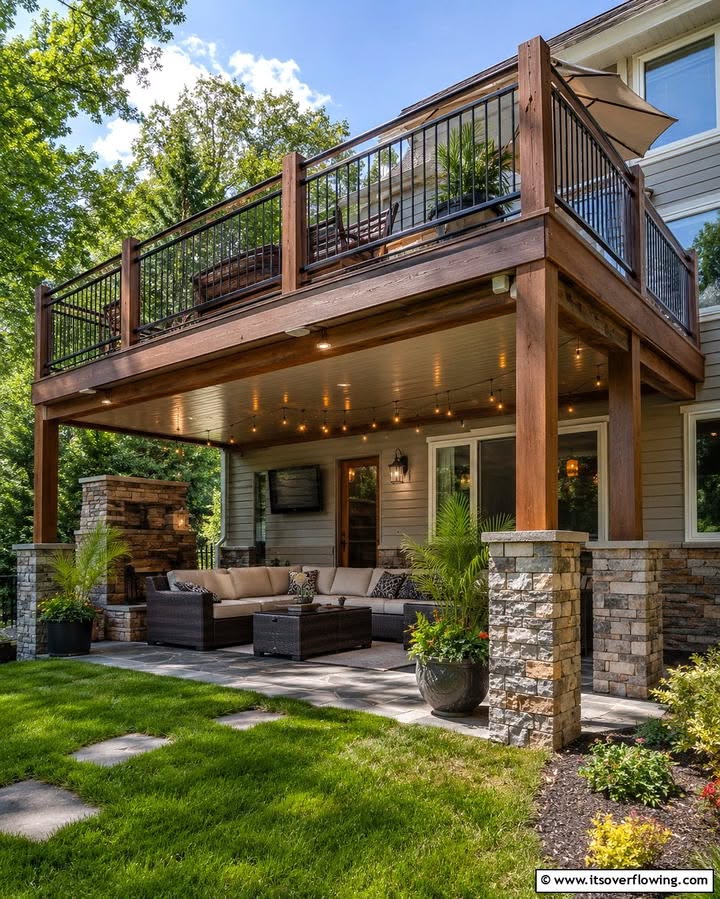 Two-Story Patio With Covered Lounge and Upper Deck Seating Area