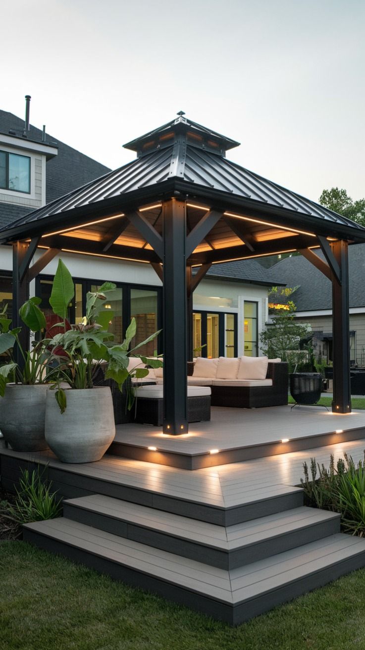 Modern Backyard Gazebo with Integrated Lighting