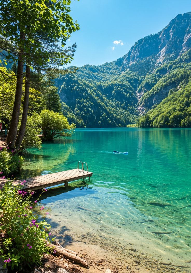 Tranquil Mountain Lake with Wooden Dock