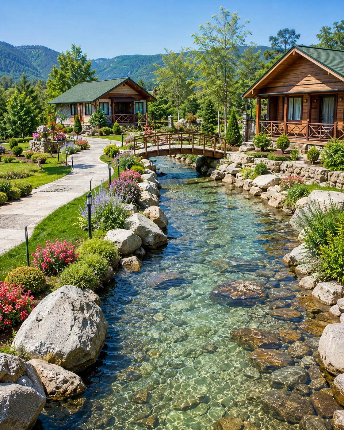 Mountain Retreat Cabins with Stream and Lush Garden Landscaping