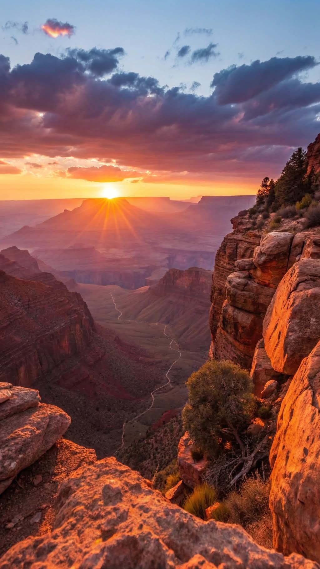 Grand Canyon Sunset View with Dramatic Cliffs and Valley Below