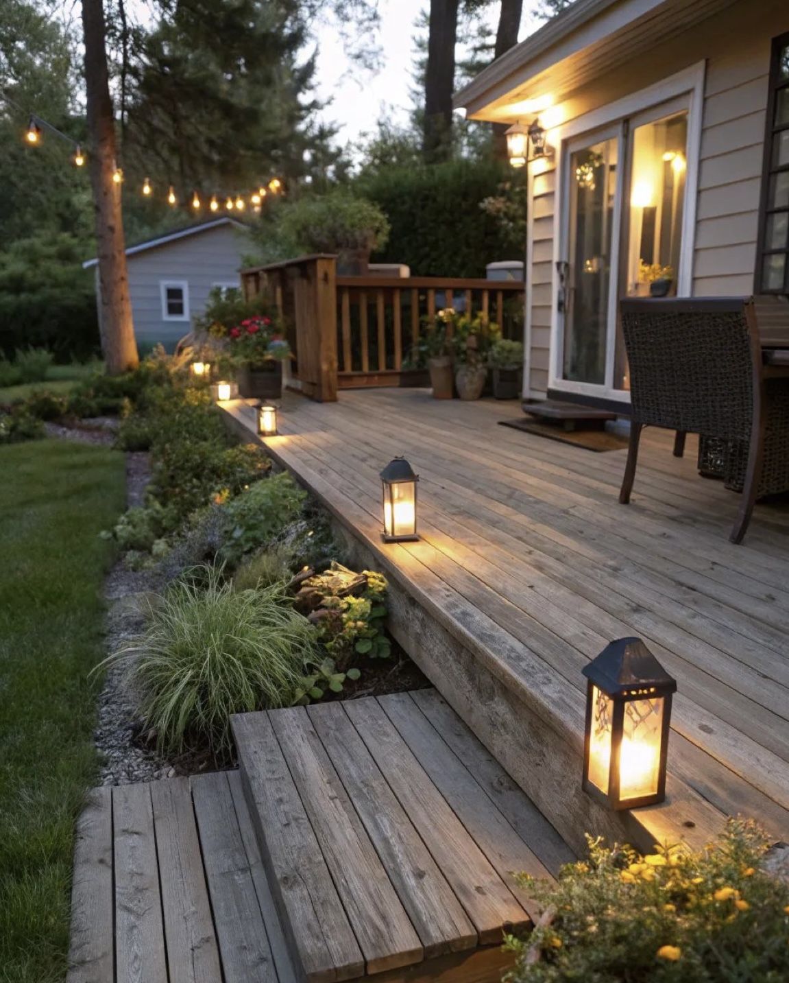 Cozy Wooden Deck with Lantern Lighting and Lush Garden Border