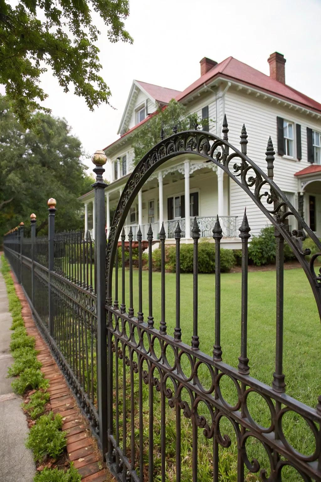 Ornate Black Wrought Iron Fence with Brick Border in Front of Classic Home