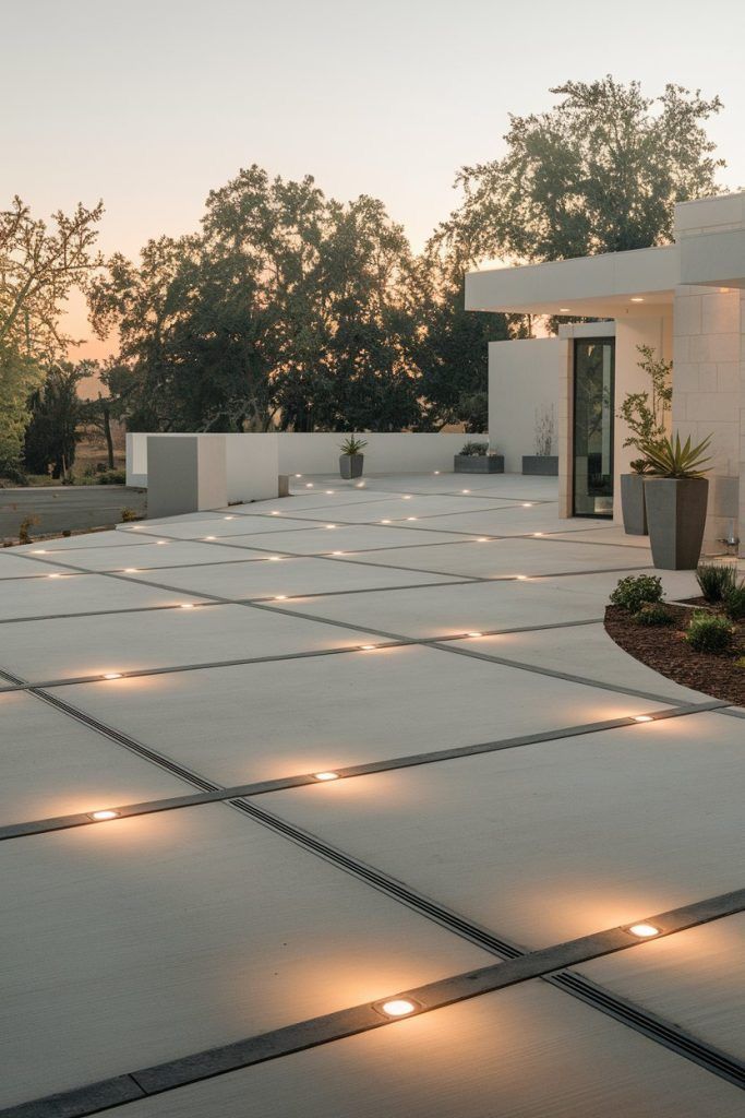 Modern Concrete Driveway with Grid Pattern and Inset Lighting