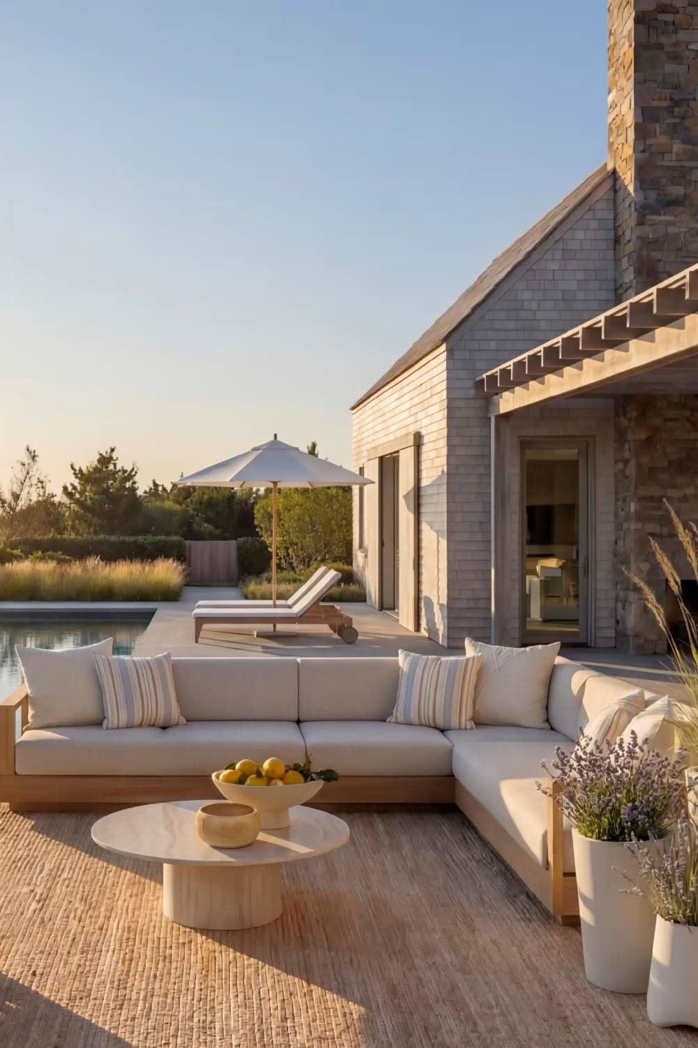 Modern Poolside Patio with Light Wood Accents and Neutral Lounge Seating
