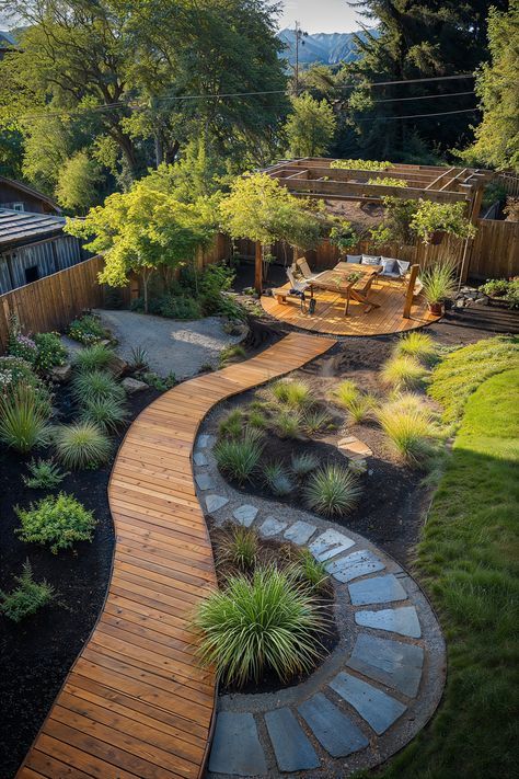 Curved Wooden Walkway and Pergola Patio in a Lush Backyard Garden