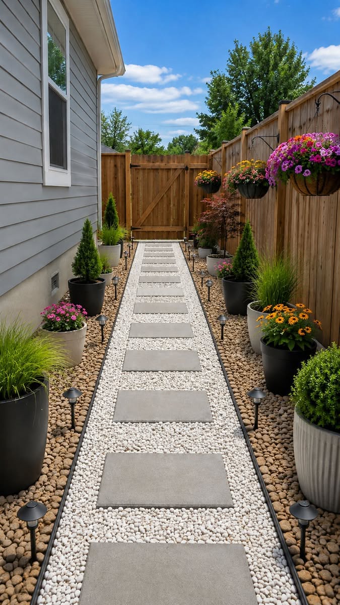 Modern Side Yard Walkway with Concrete Stepping Stones and Potted Plants