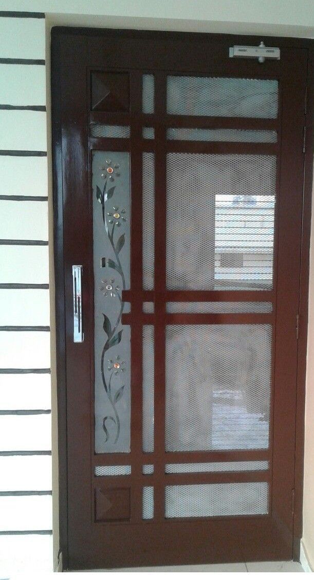 Modern Steel Mesh Entry Door with Floral Motif and Wooden Frame