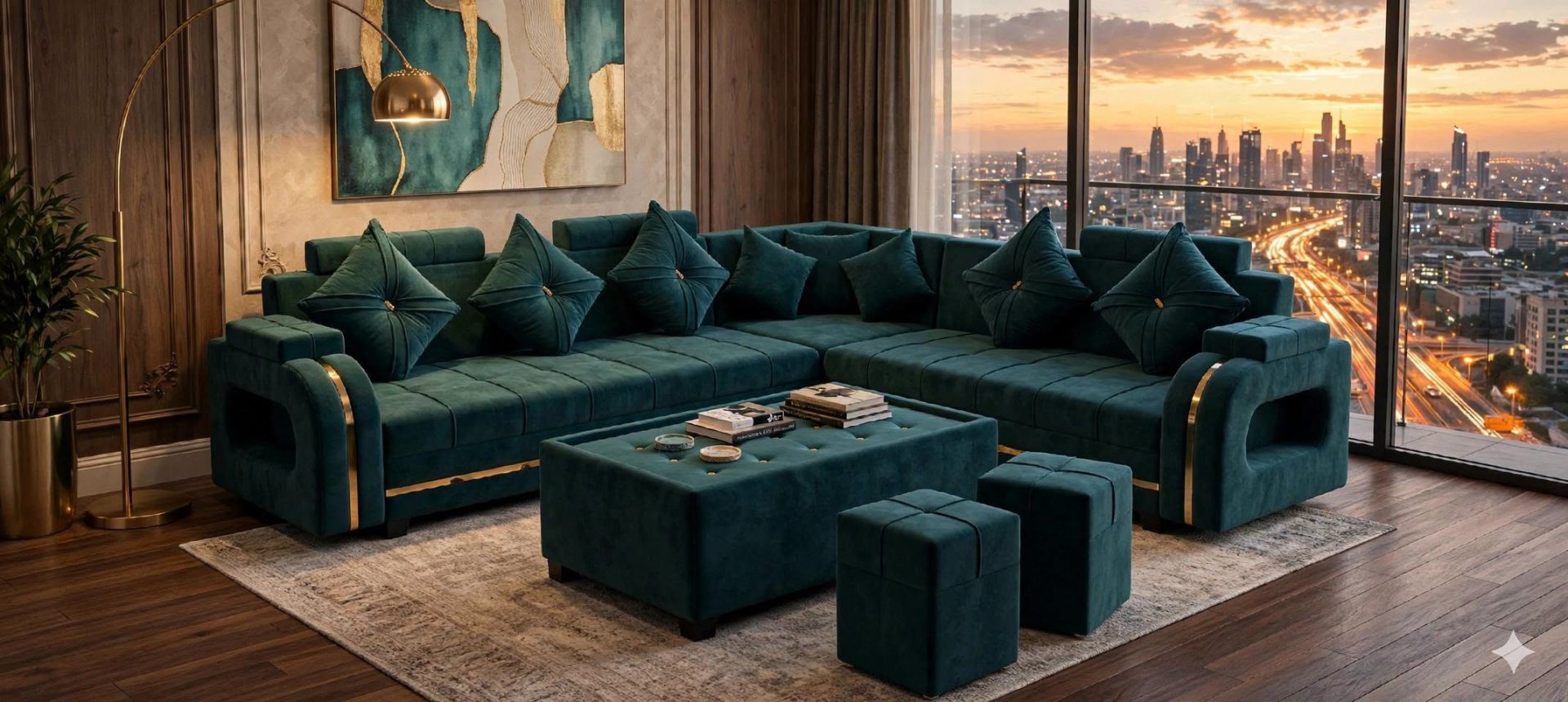 Contemporary Living Room With Emerald Sectional and City Skyline View