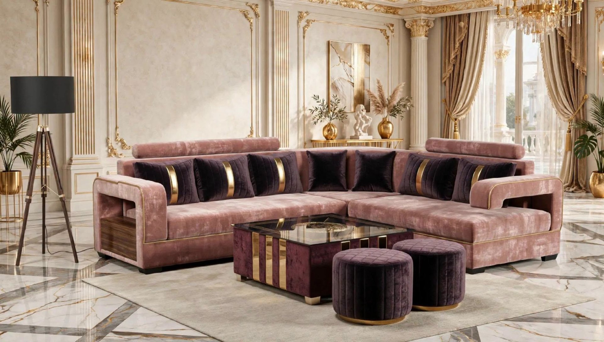 Luxurious Living Room with Velvet Sectional and Gold Accents