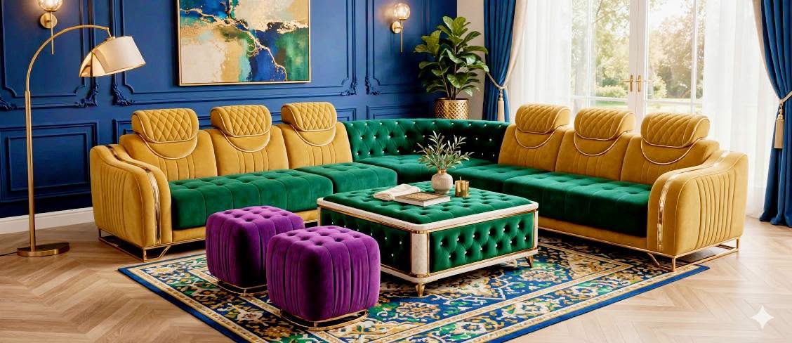 Colorful Contemporary Living Room With Velvet Sectional and Bold Accents