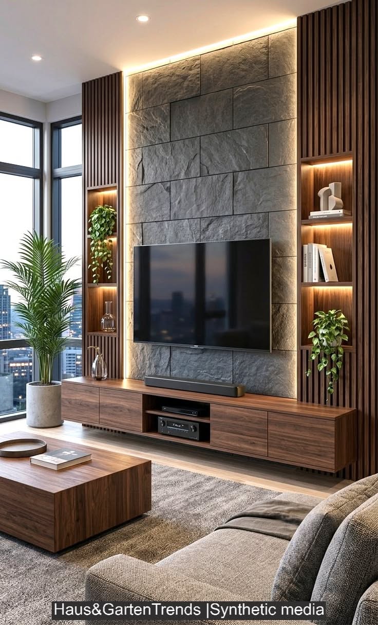 Modern Living Room with Stone Accent Wall and Walnut Media Center