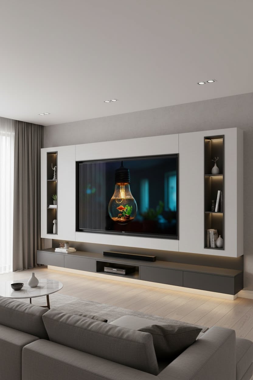Contemporary Living Room With Built-In Media Wall and Floating Console