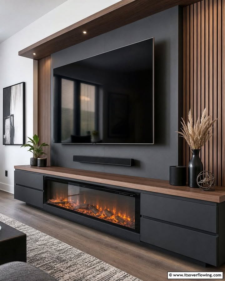 Modern Living Room Media Wall with Electric Fireplace and Wood Accents